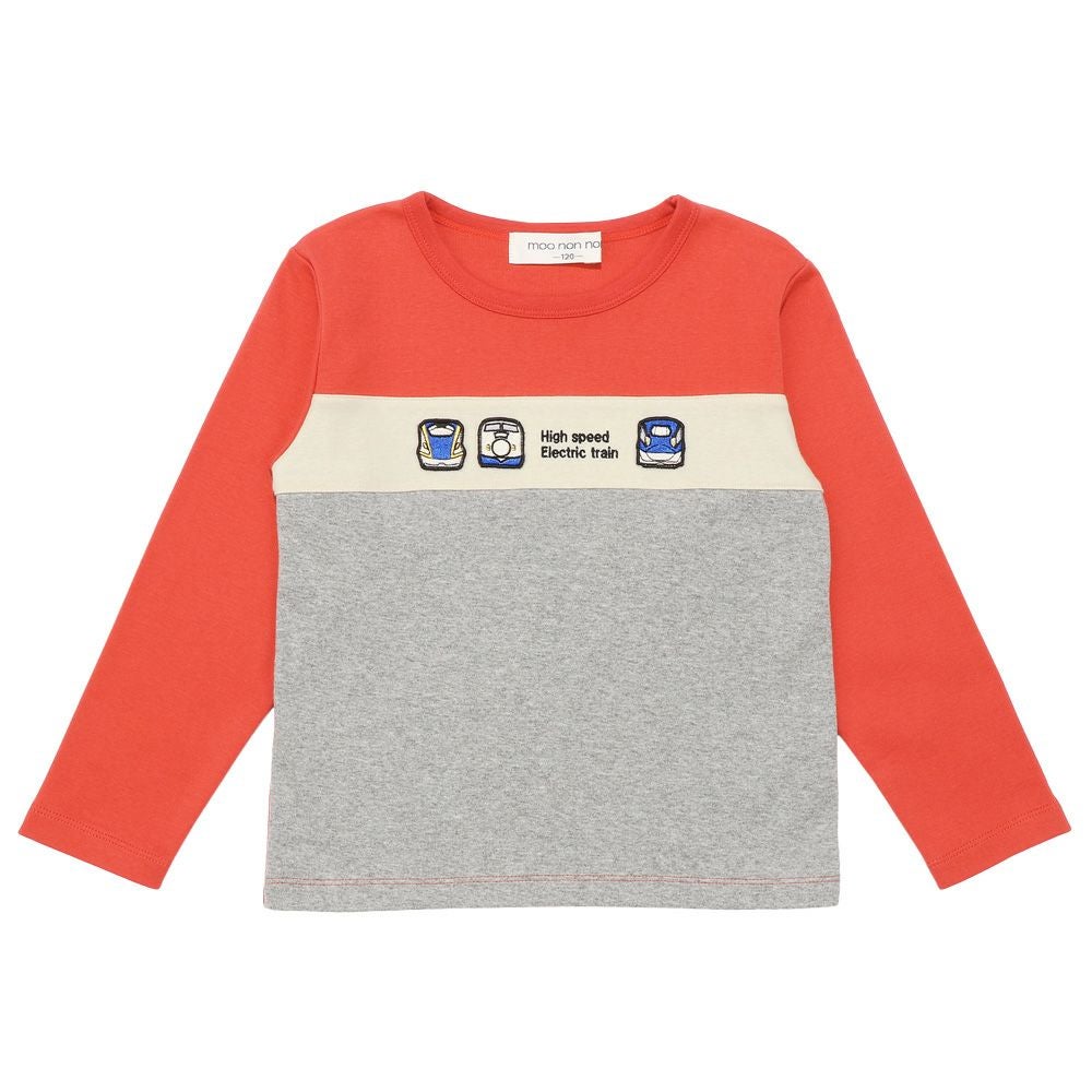 ベビー服 男の子 電車 乗り物 ワッペン 三色切り替え Tシャツ オレンジ(07) 正面