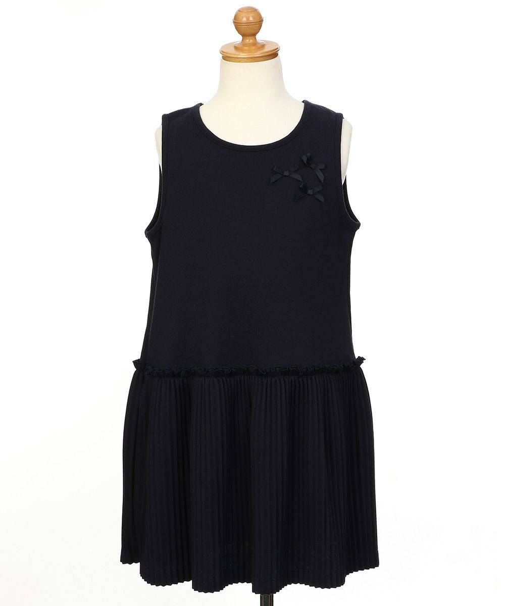 子供服 女の子 リボンつきプリーツワンピース ネイビー(06) トルソー正面