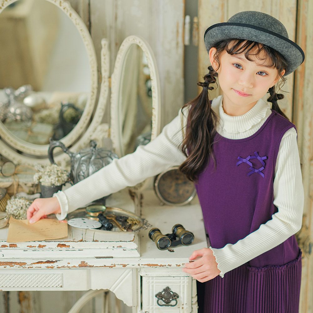 子供服 女の子 リボンつきプリーツワンピース パープル(91) モデル画像3