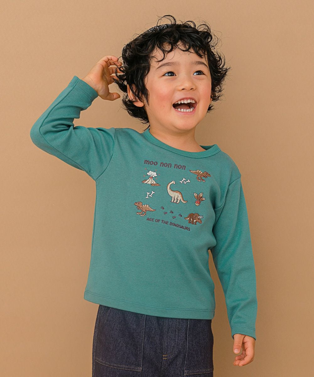 ベビー服 男の子 ロゴ 恐竜 刺繍 くすみカラー かっこいい おしゃれ ティーシャツ トドラー キッズ グリーン(08) モデル画像1