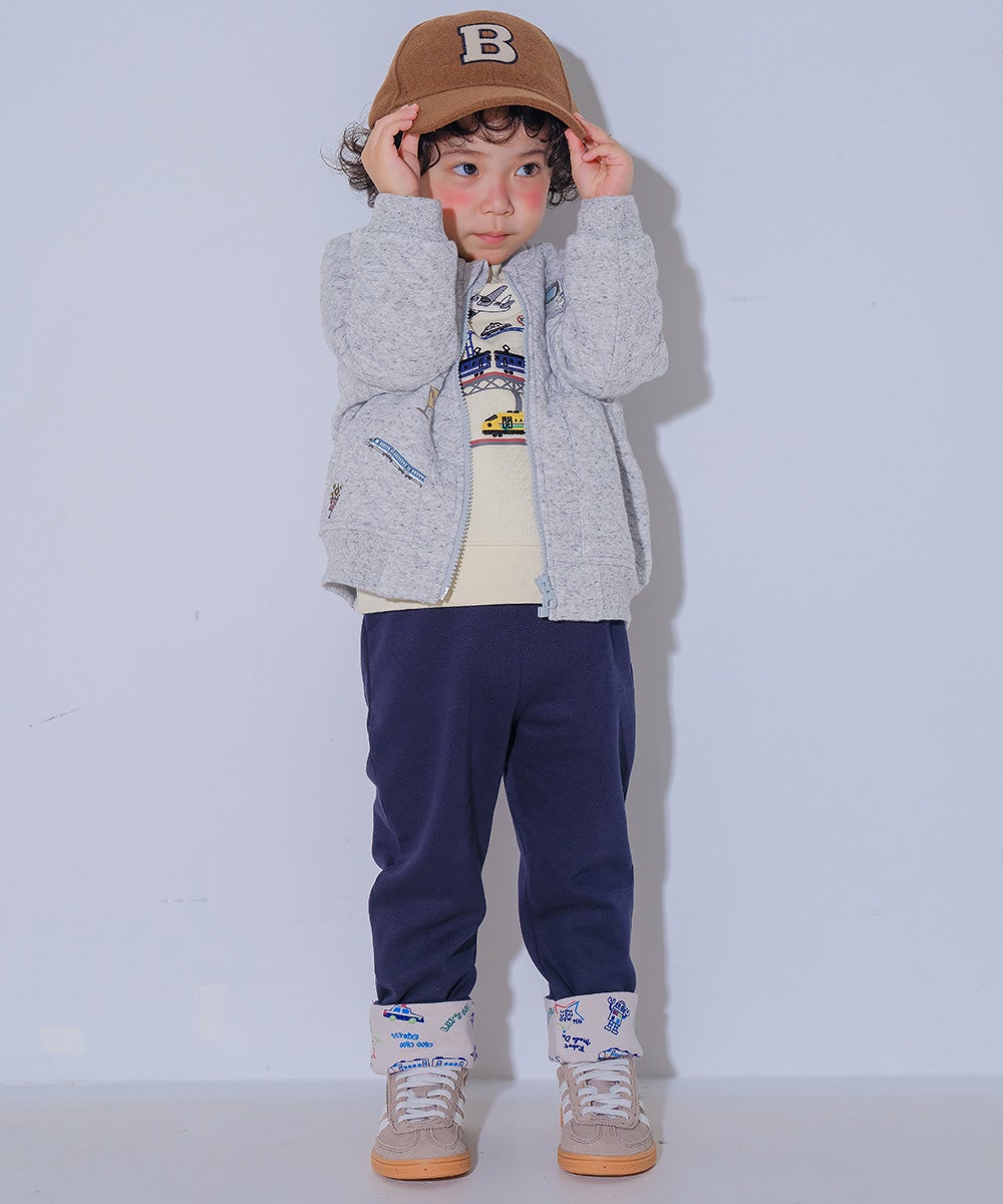 ベビー服 男の子 キッズ キッズファッション パーカー キルティング 電車 乗り物 ワッペン ファスナー ポケット アウター 杢ｸﾞﾚｰ(92) モデル画像全身
