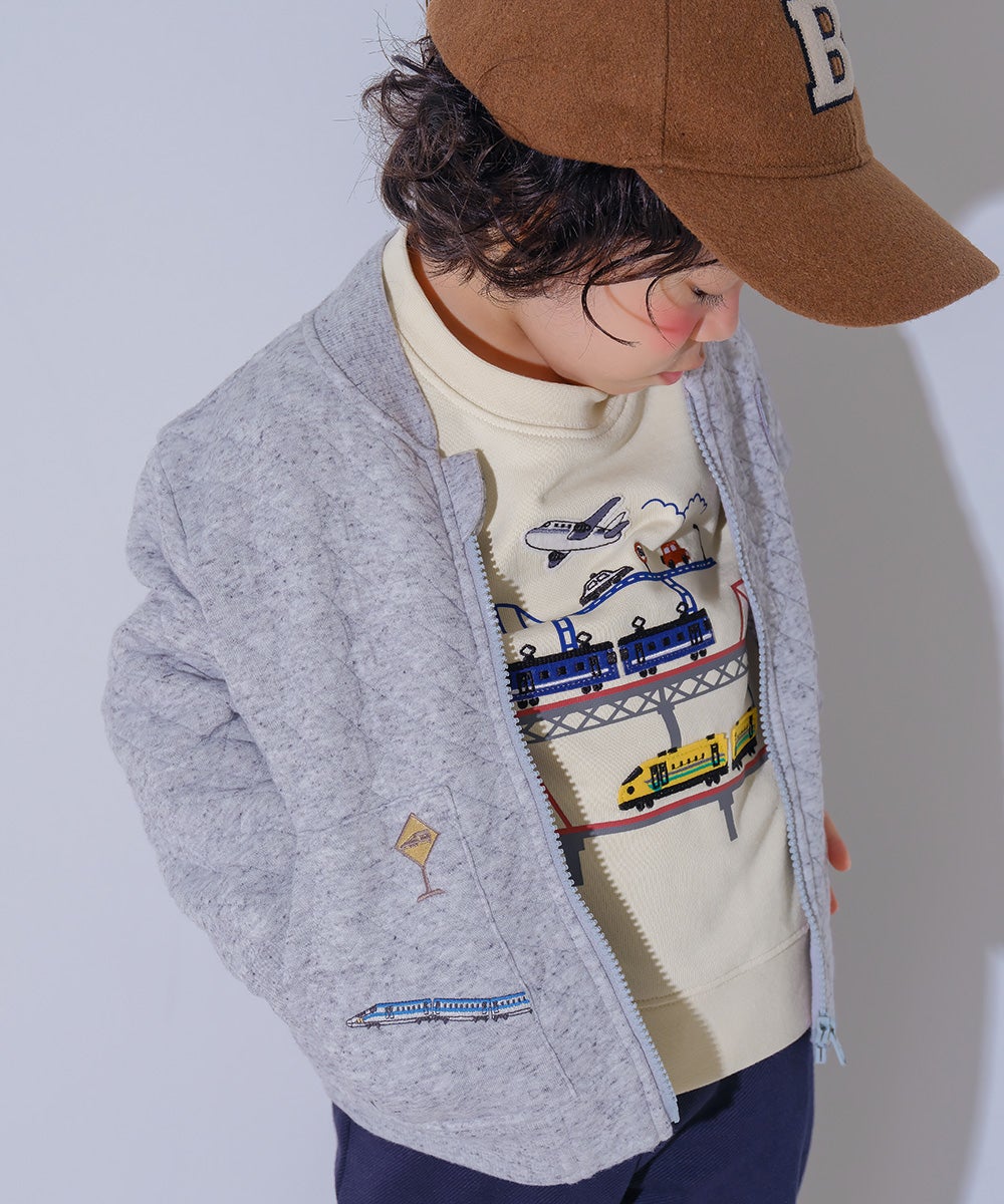 ベビー服 男の子 キッズ キッズファッション パーカー キルティング 電車 乗り物 ワッペン ファスナー ポケット アウター 杢ｸﾞﾚｰ(92) モデル画像1