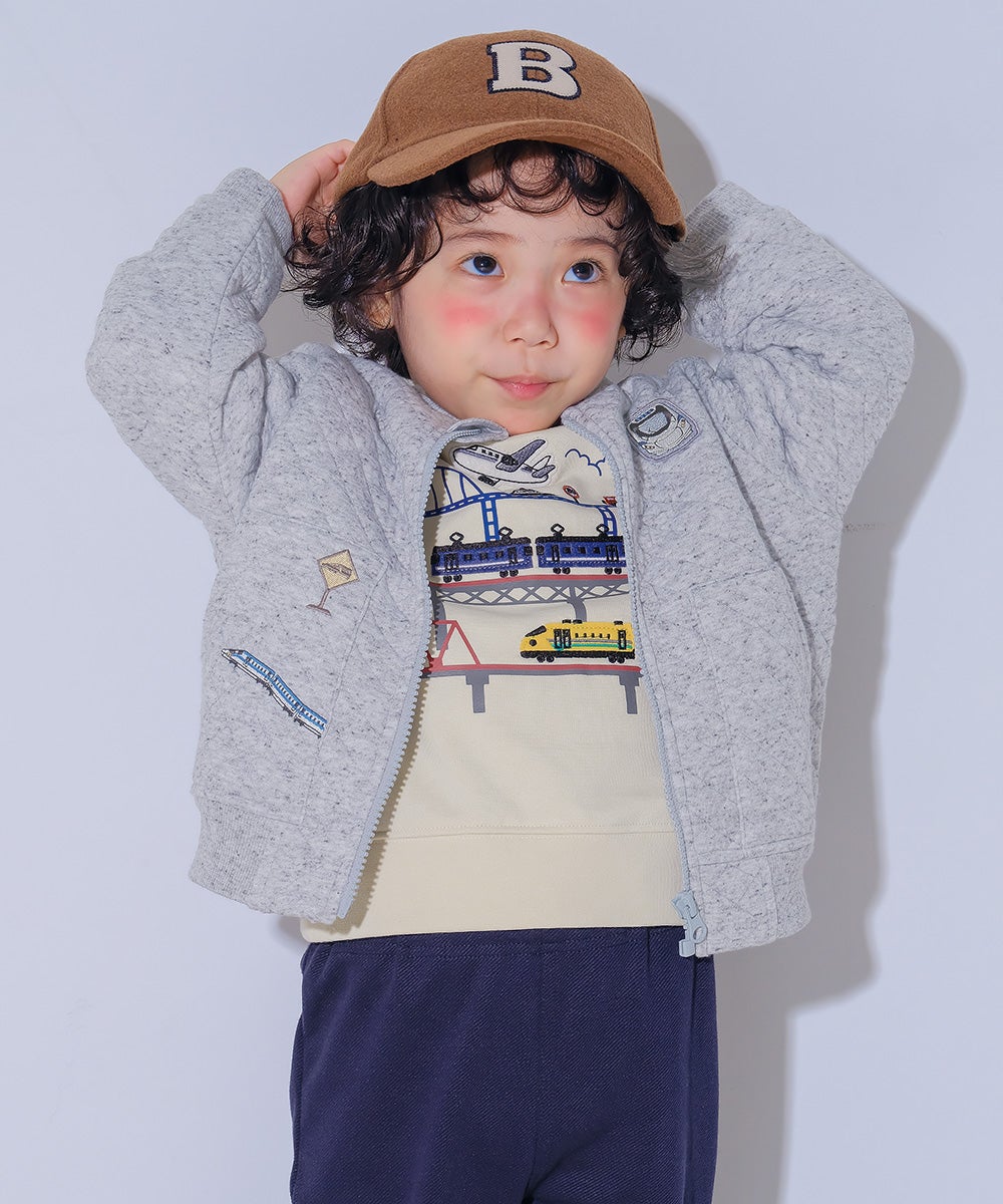 ベビー服 男の子 キッズ キッズファッション パーカー キルティング 電車 乗り物 ワッペン ファスナー ポケット アウター 杢ｸﾞﾚｰ(92) モデル画像2