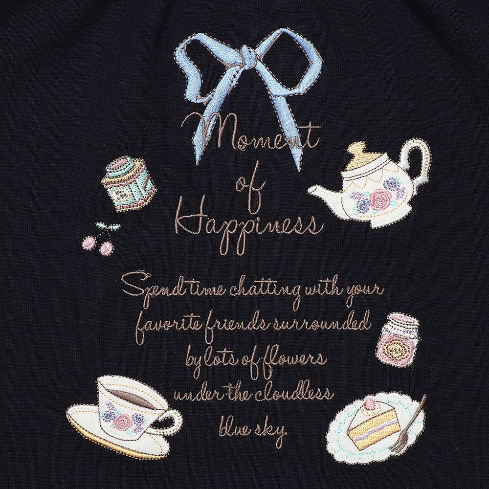 子供服 女の子 ティーカップ ＆ スイーツ ロゴ 刺繍 袖フリル Tシャツ ネイビー(06) デザインポイント1