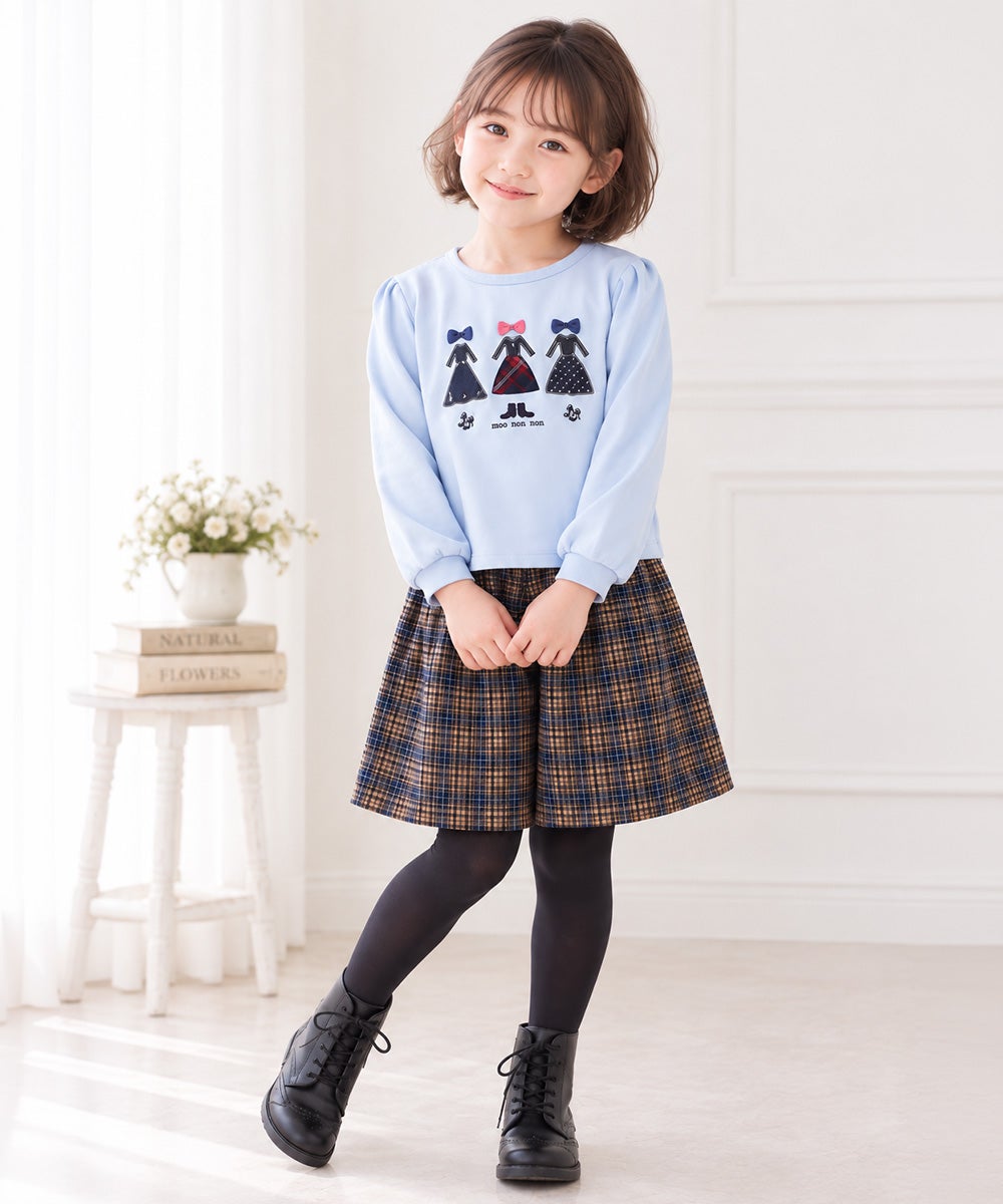 子供服 女の子 ワンピースアップリケ オリジナルチェック トレーナー ブルー(61) 