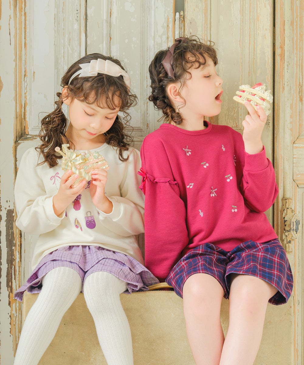 ベビー服 女の子 キッズ ドドラー ジュニア 袖リブ フリル さくらんぼ リボン 音符 刺繍 ピンク(02) モデル画像全身