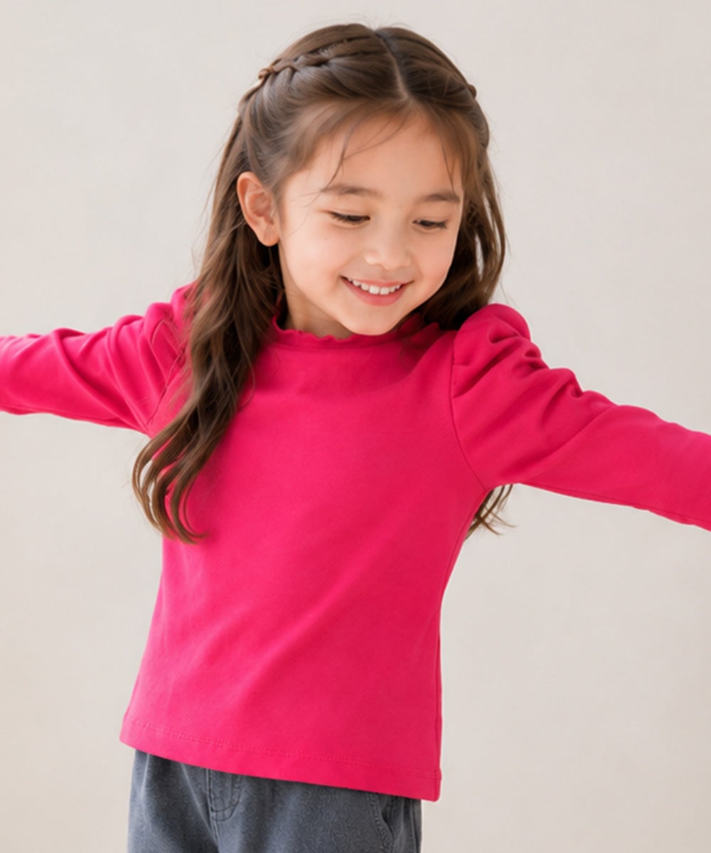 子供服 女の子 こども 子ども服 こども服 キッズ ジュニア 無地 シャーリング袖 カットソー ティーシャツ ピンク(02) モデル画像全身