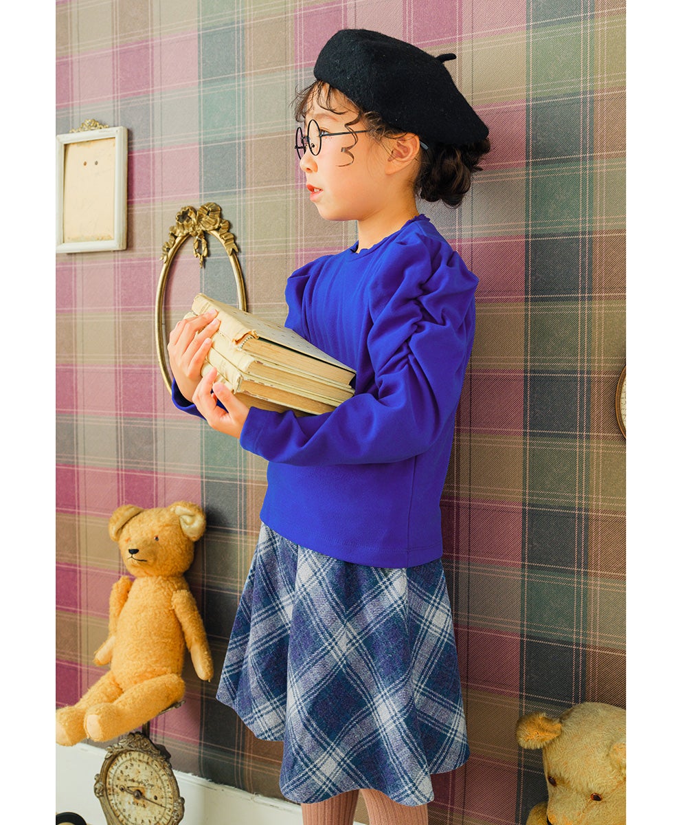 子供服 女の子 こども 子ども服 こども服 キッズ ジュニア 無地 シャーリング袖 カットソー ティーシャツ ブルー(61) モデル画像アップ