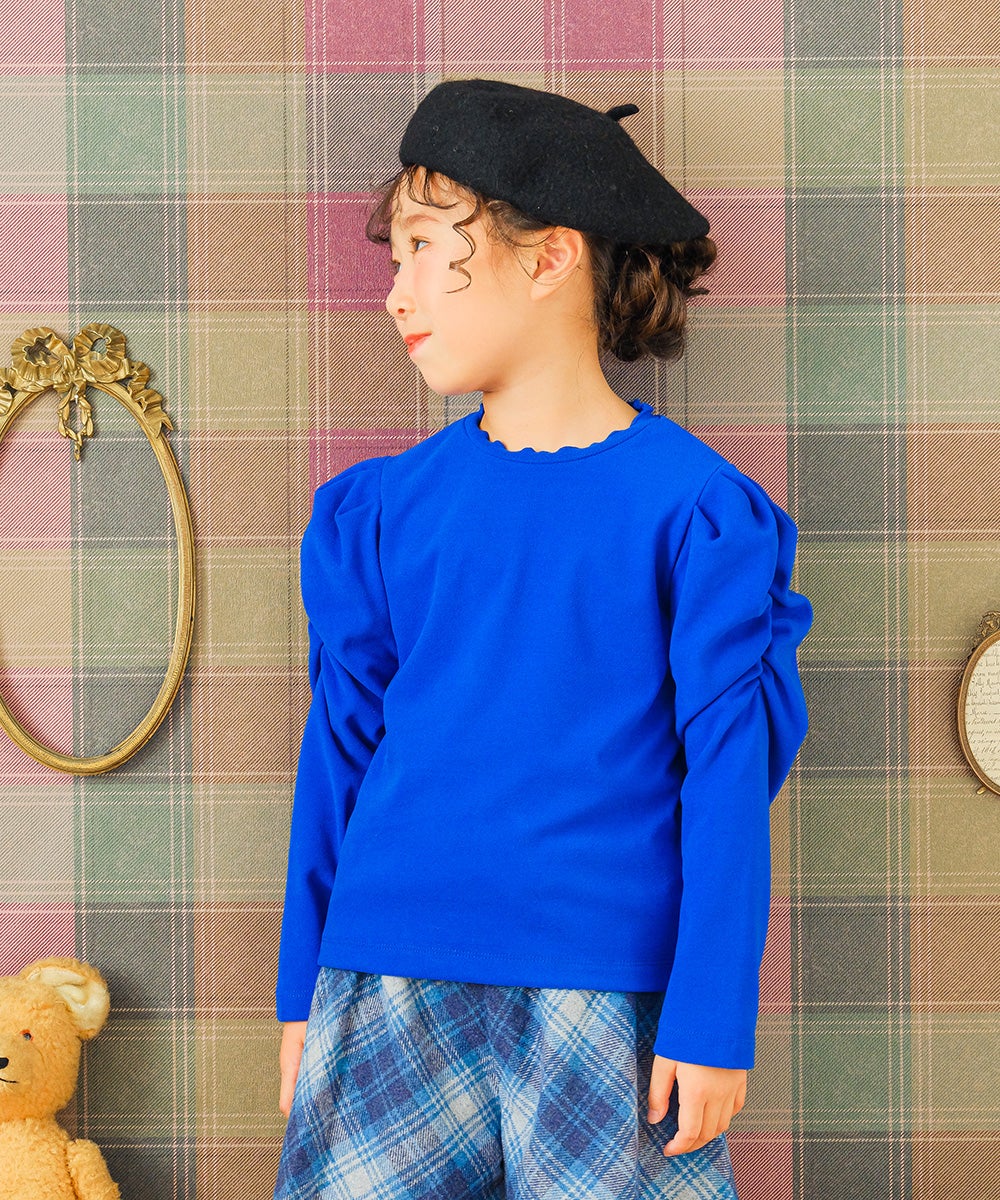 子供服 女の子 こども 子ども服 こども服 キッズ ジュニア 無地 シャーリング袖 カットソー ティーシャツ ブルー(61) モデル画像1