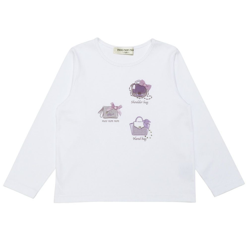 子供服 女の子 こども服 子ども服 綿100％ ロンT トドラー キッズ ジュニア ラメ きらきら リボン モチーフ プリント オフホワイト(11) 正面