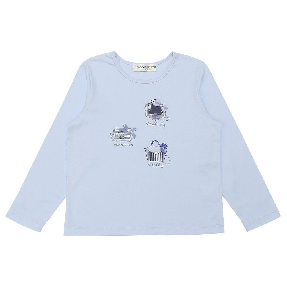 子供服 女の子 こども服 子ども服 綿100％ ロンT トドラー キッズ ジュニア ラメ きらきら リボン モチーフ プリント ブルー(61) 正面