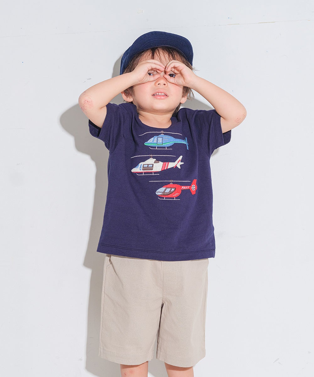 ベビー服 男の子 子ども服 こども キッズ 綿100％ コットン ヘリコプター ワッペン ティーシャツ ネイビー(06) モデル画像アップ