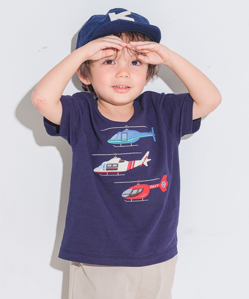 ベビー服 男の子 子ども服 こども キッズ 綿100％ コットン ヘリコプター ワッペン ティーシャツ ネイビー(06) モデル画像全身