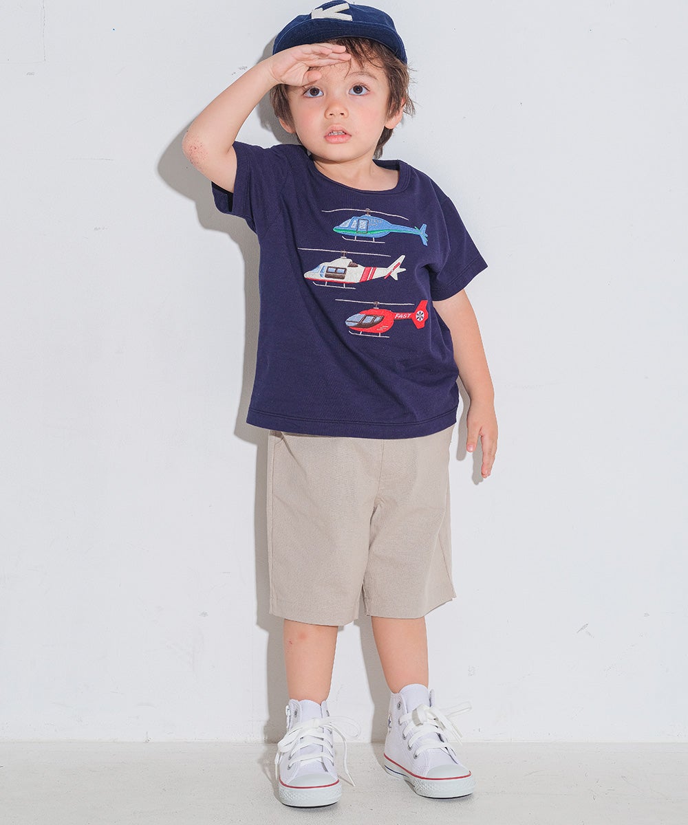 ベビー服 男の子 子ども服 こども キッズ 綿100％ コットン ヘリコプター ワッペン ティーシャツ ネイビー(06) モデル画像1