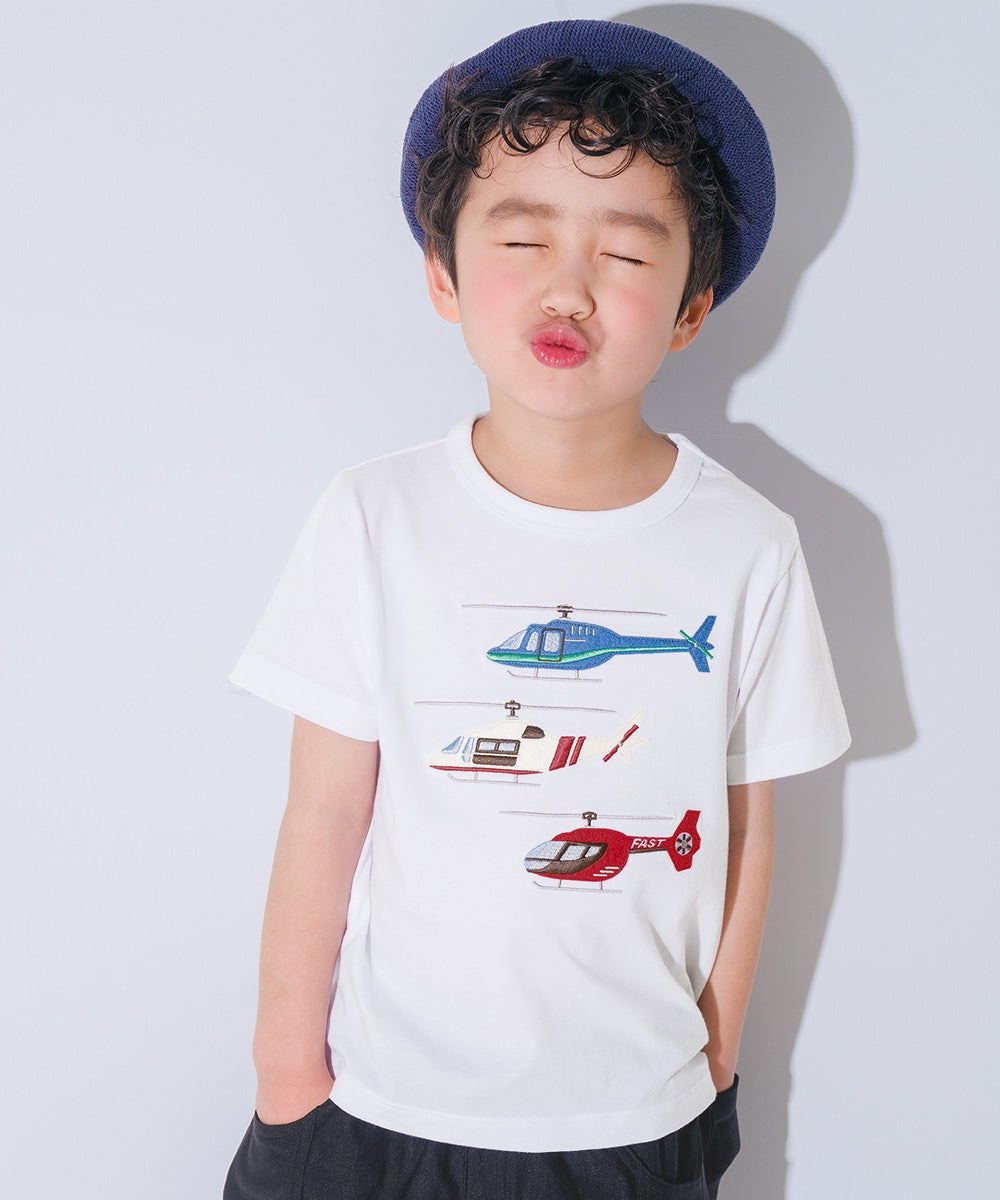 ベビー服 男の子 子ども服 こども キッズ 綿100％ コットン ヘリコプター ワッペン ティーシャツ オフホワイト(11) モデル画像アップ