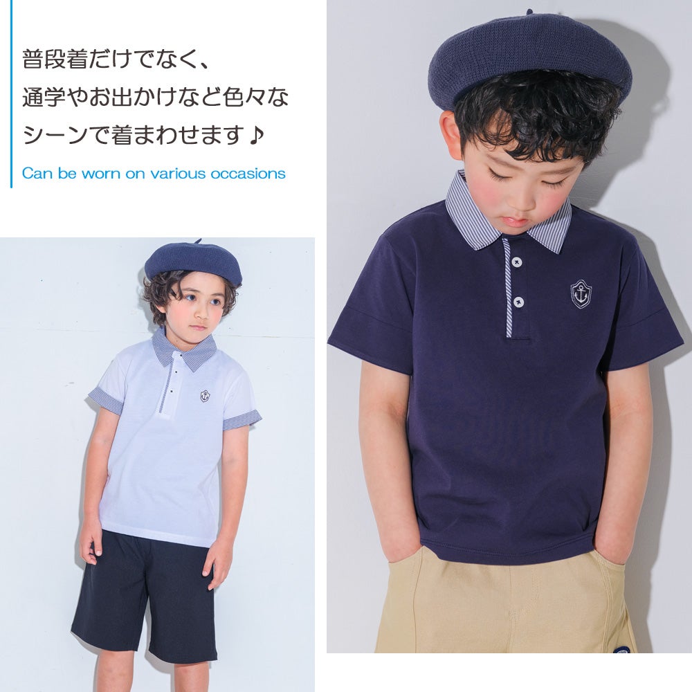 ベビー服 男の子 子ども服 こども キッズ ジュニア 綿 コットン ストライプ 襟付き　ロゴワッペン　ティーシャツ ネイビー(06) 背面