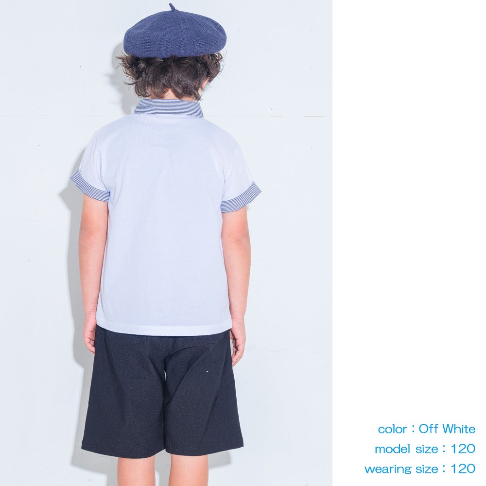 ベビー服 男の子 子ども服 こども キッズ ジュニア 綿 コットン ストライプ 襟付き　ロゴワッペン　ティーシャツ