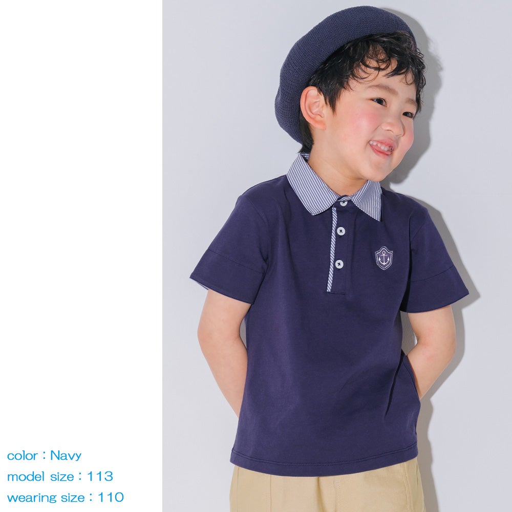 ベビー服 男の子 子ども服 こども キッズ ジュニア 綿 コットン ストライプ 襟付き　ロゴワッペン　ティーシャツ