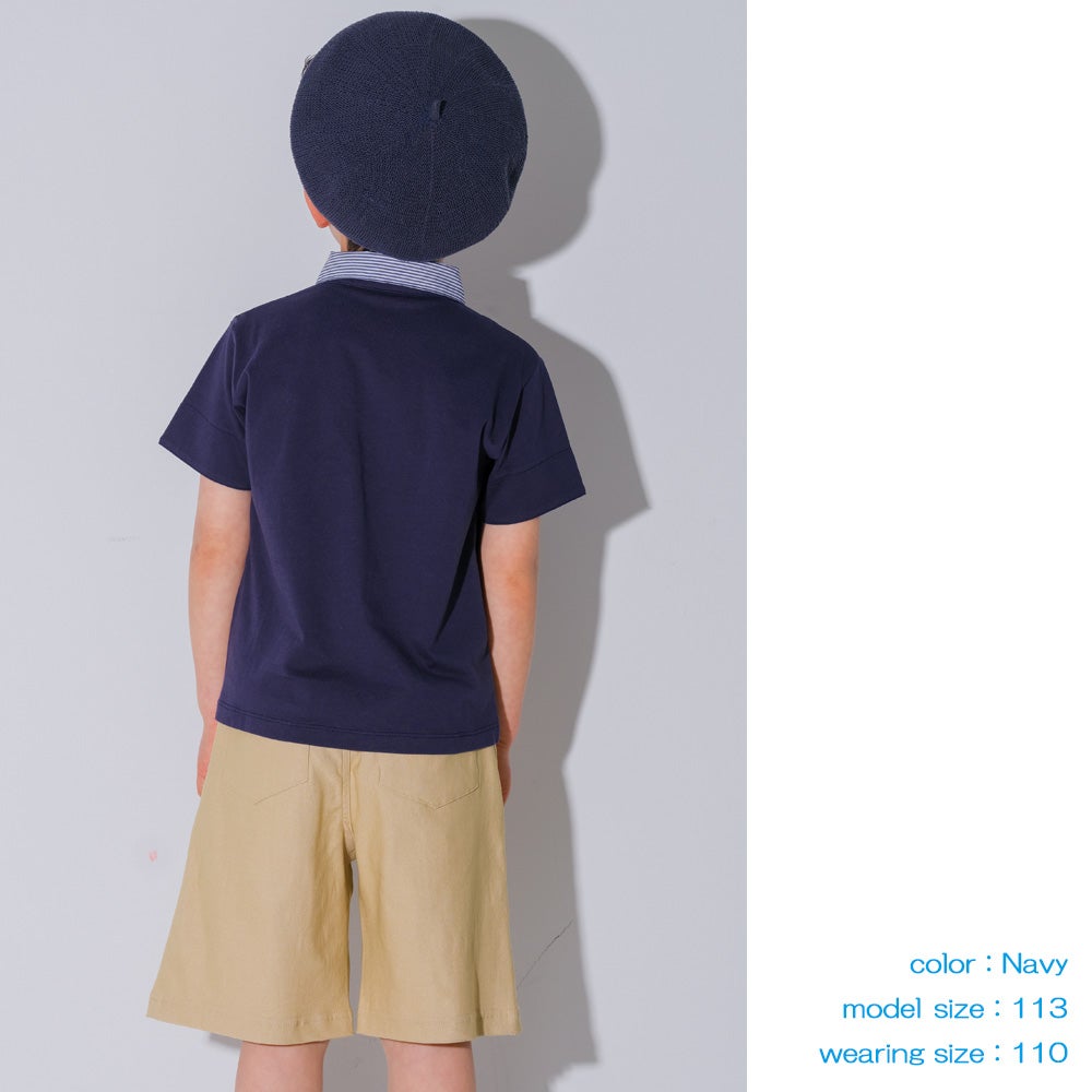 ベビー服 男の子 子ども服 こども キッズ ジュニア 綿 コットン ストライプ 襟付き　ロゴワッペン　ティーシャツ