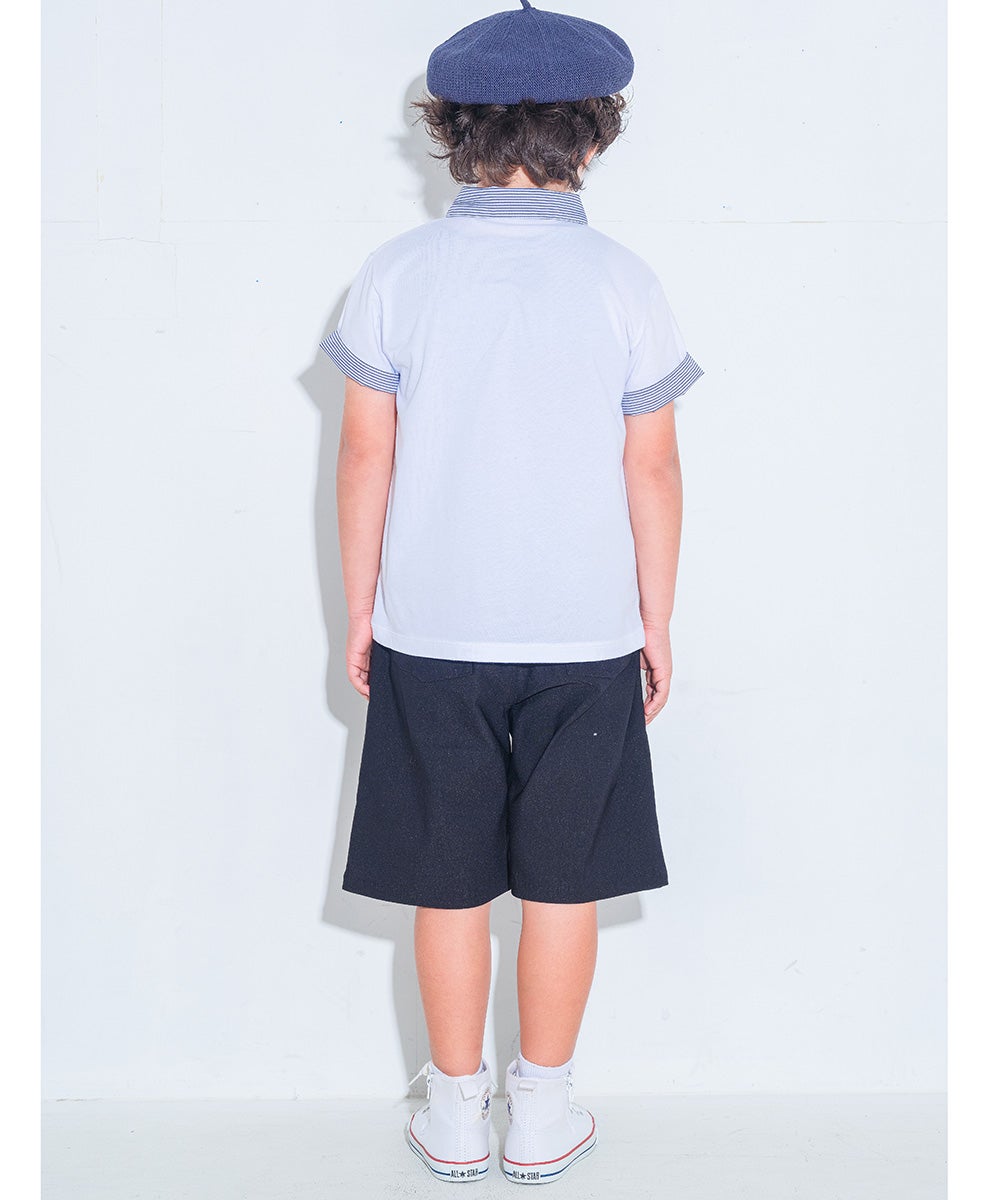 ベビー服 男の子 子ども服 こども キッズ ジュニア 綿 コットン ストライプ 襟付き　ロゴワッペン　ティーシャツ