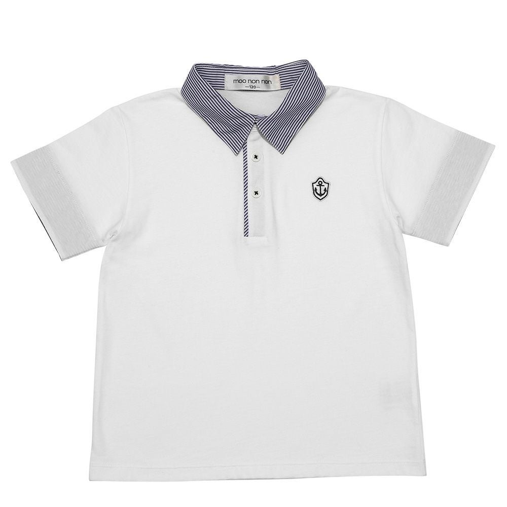 ベビー服 男の子 綿100％ 子ども服 こども キッズ ジュニア コットン ストライプ 襟付き　ロゴワッペン　ティーシャツ オフホワイト(11) 正面