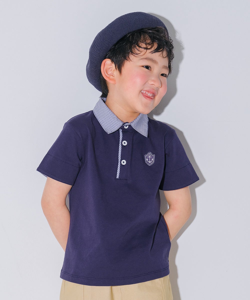 ベビー服 男の子 子ども服 こども キッズ ジュニア 綿 コットン ストライプ 襟付き　ロゴワッペン　ティーシャツ