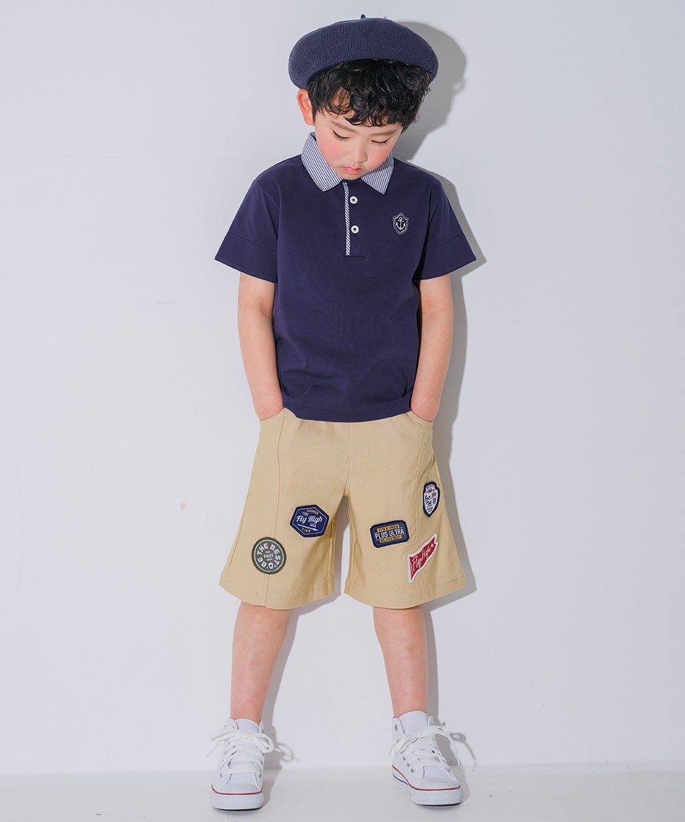 ベビー服 男の子 子ども服 こども キッズ ジュニア 綿 コットン ストライプ 襟付き　ロゴワッペン　ティーシャツ オフホワイト(11) デザインポイント1