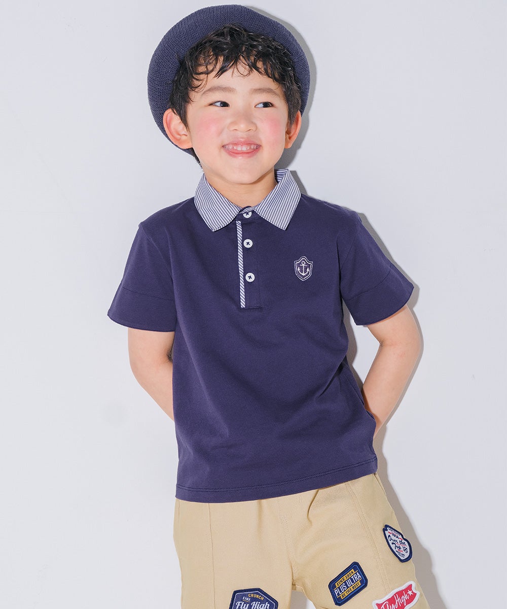 ベビー服 男の子 子ども服 こども キッズ ジュニア 綿 コットン ストライプ 襟付き　ロゴワッペン　ティーシャツ