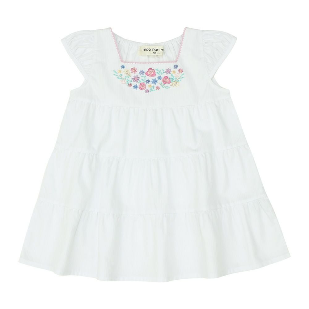 ベビー服 女の子 お花 刺繍  Aライン ワンピース オフホワイト(11) 正面