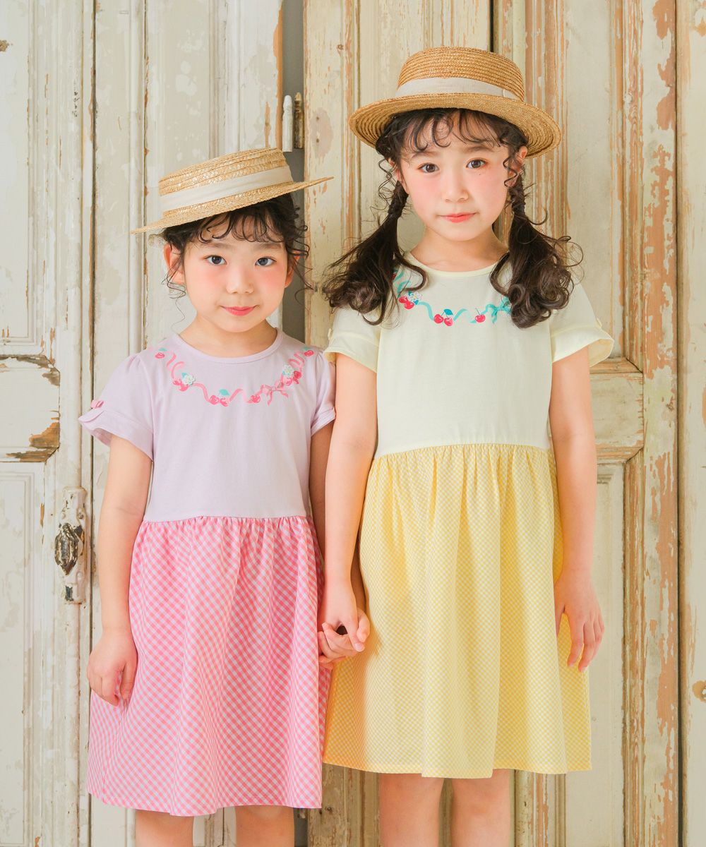 さくらんぼ柄 リボン付き ギンガムチェック ドッキングワンピース