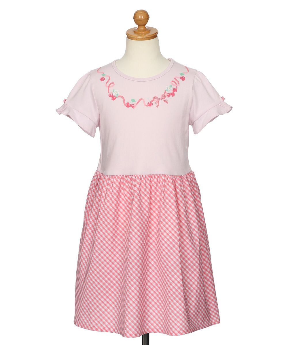 ベビー服 女の子 さくらんぼ柄 リボン付き ギンガムチェック  ドッキングワンピース ピンク(02) トルソー正面
