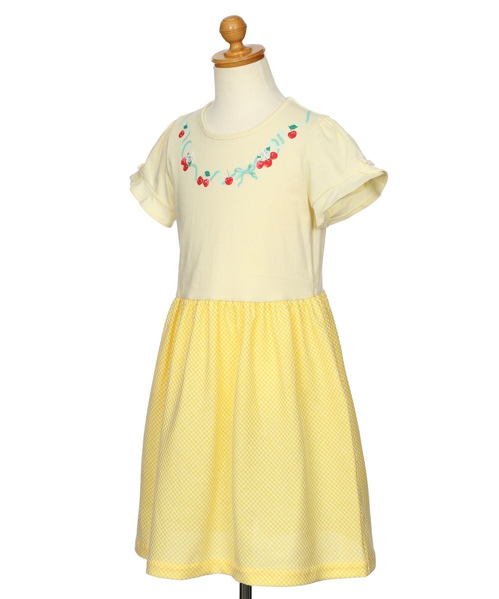 ベビー服 女の子 さくらんぼ柄 リボン付き ギンガムチェック  ドッキングワンピース イエロー(04) トルソー斜め