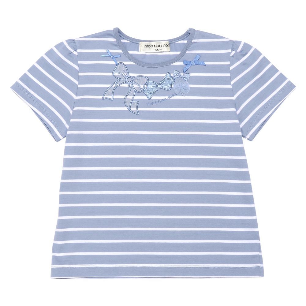 ベビー服 女の子 綿100％ リボン 刺? ボーダー Tシャツ ブルー(61) 正面