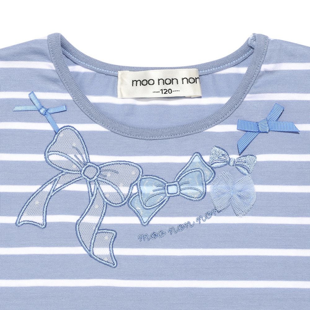 ベビー服 女の子 綿100％ リボン 刺? ボーダー Tシャツ ブルー(61) デザインポイント1