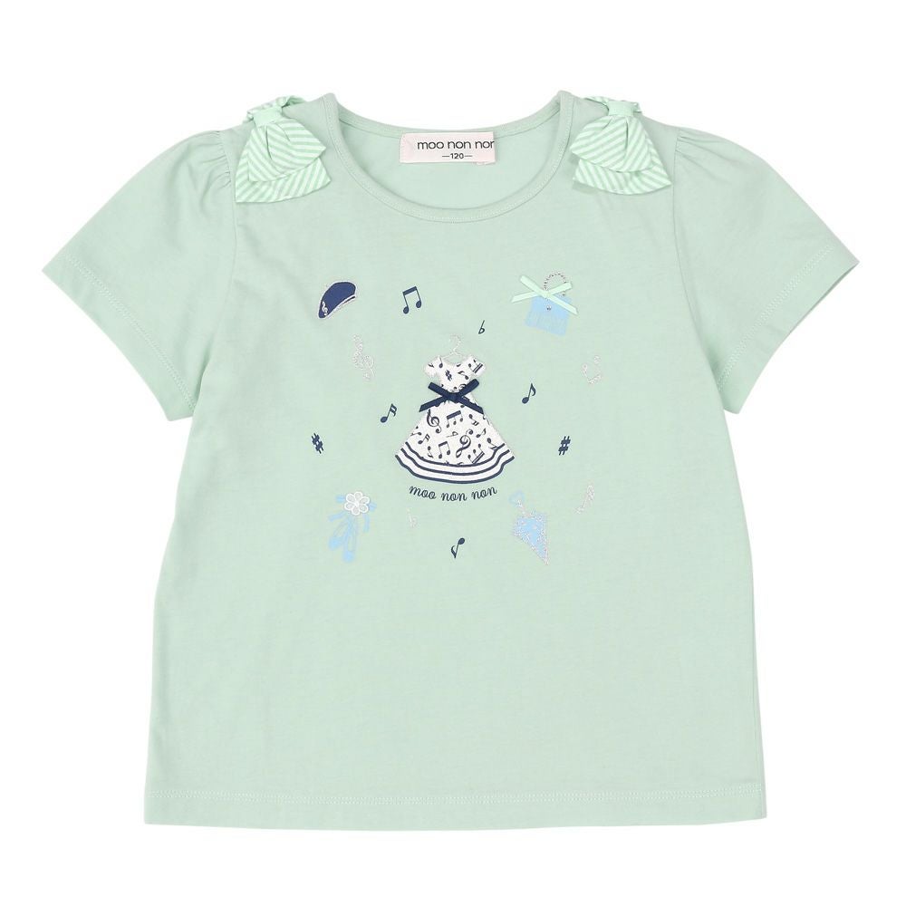 ベビー服 女の子 綿100％ リボン付き 音符柄 Tシャツ グリーン(08) 正面