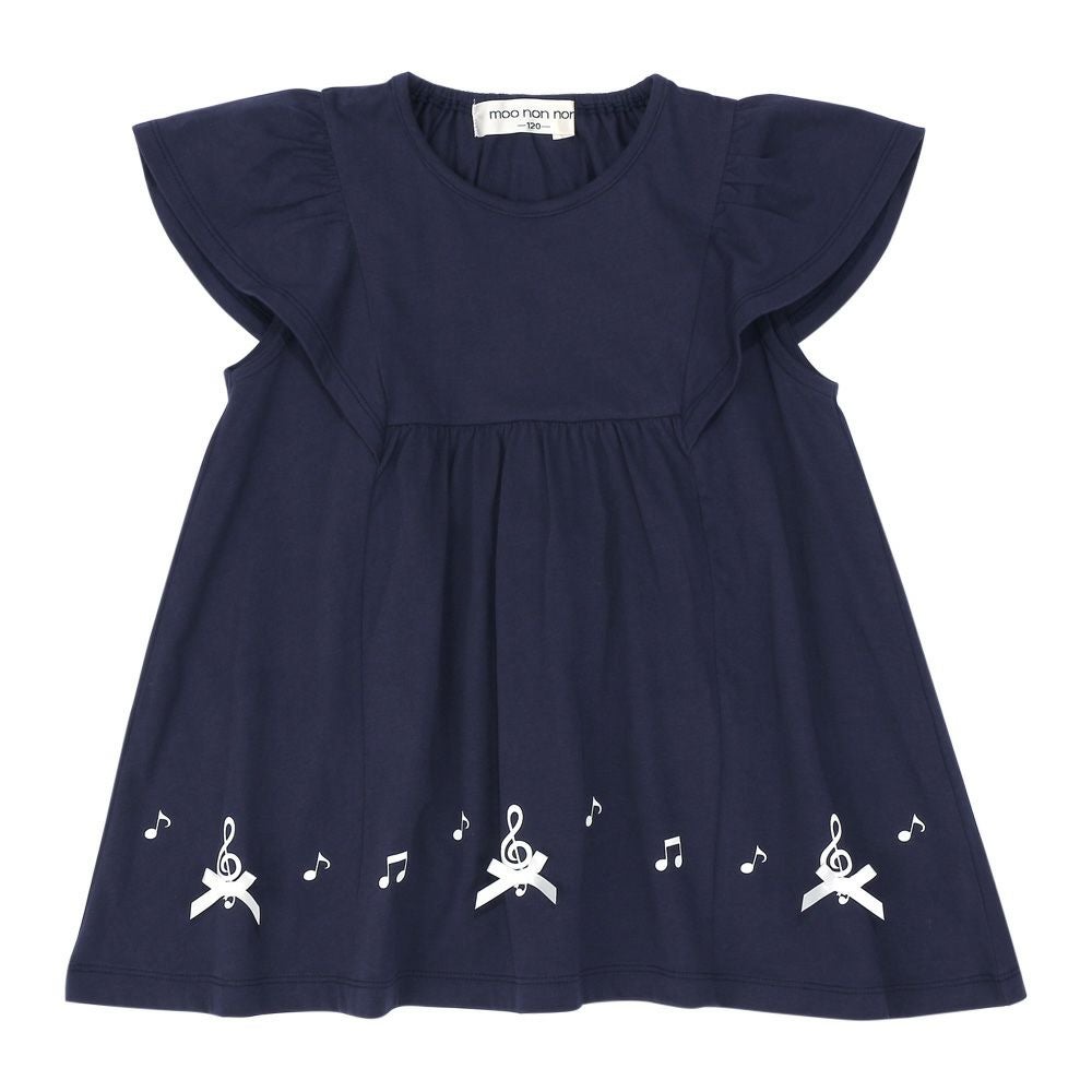 子供服 女の子 綿100％ 音符 リボン付き Aライン Tシャツ ネイビー(06) 正面