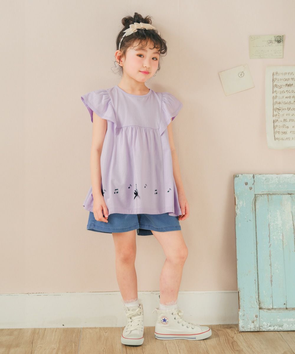 子供服 女の子 綿100％ 音符 リボン付き Aライン Tシャツ パープル(91) モデル画像全身