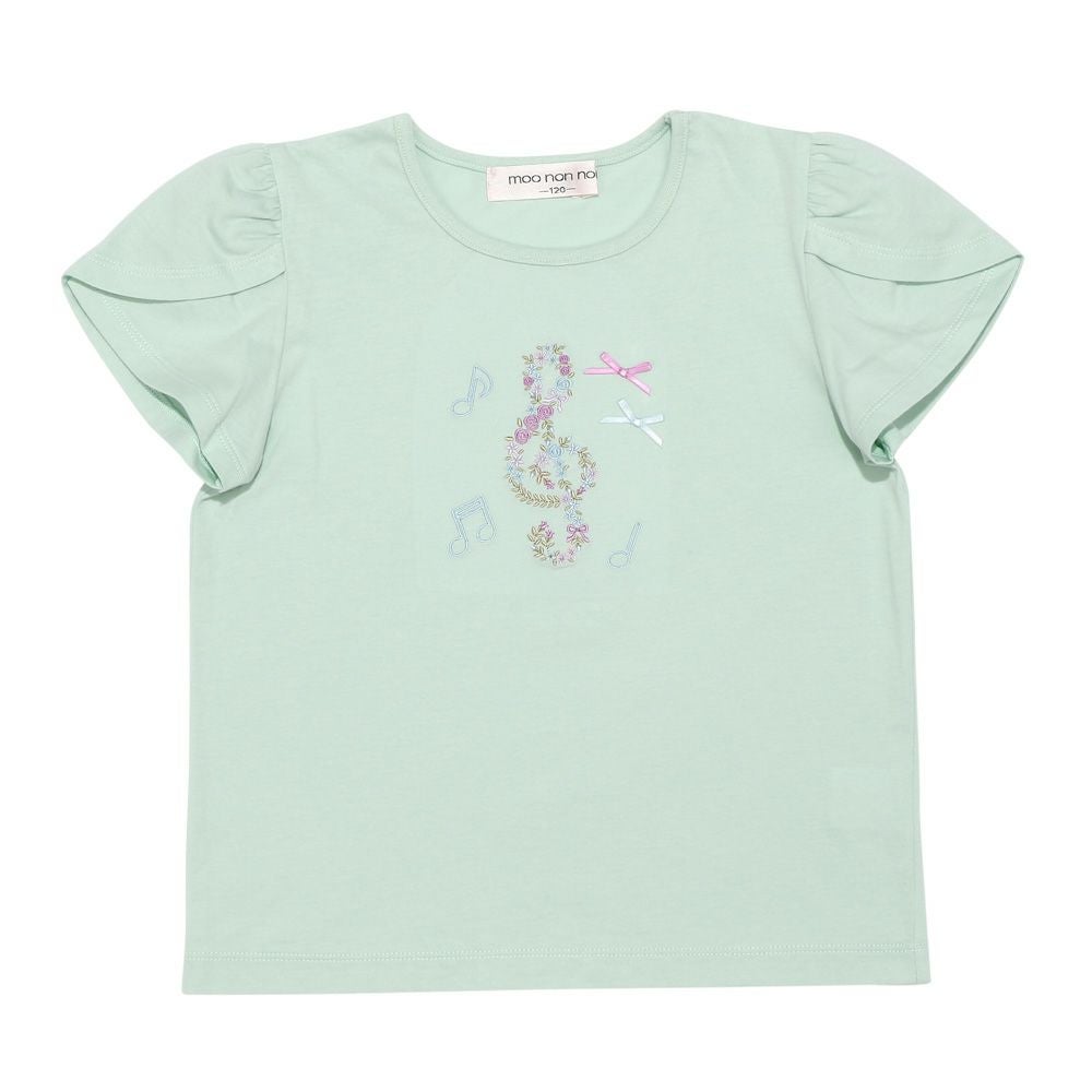 ベビー服 女の子 綿100% 音符 リボン付き チューリップ袖 Tシャツ グリーン(08) 正面