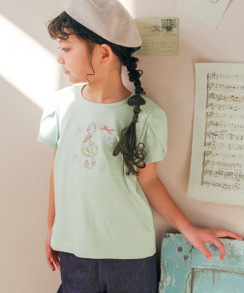綿100% 音符 リボン付き チューリップ袖 Tシャツ
