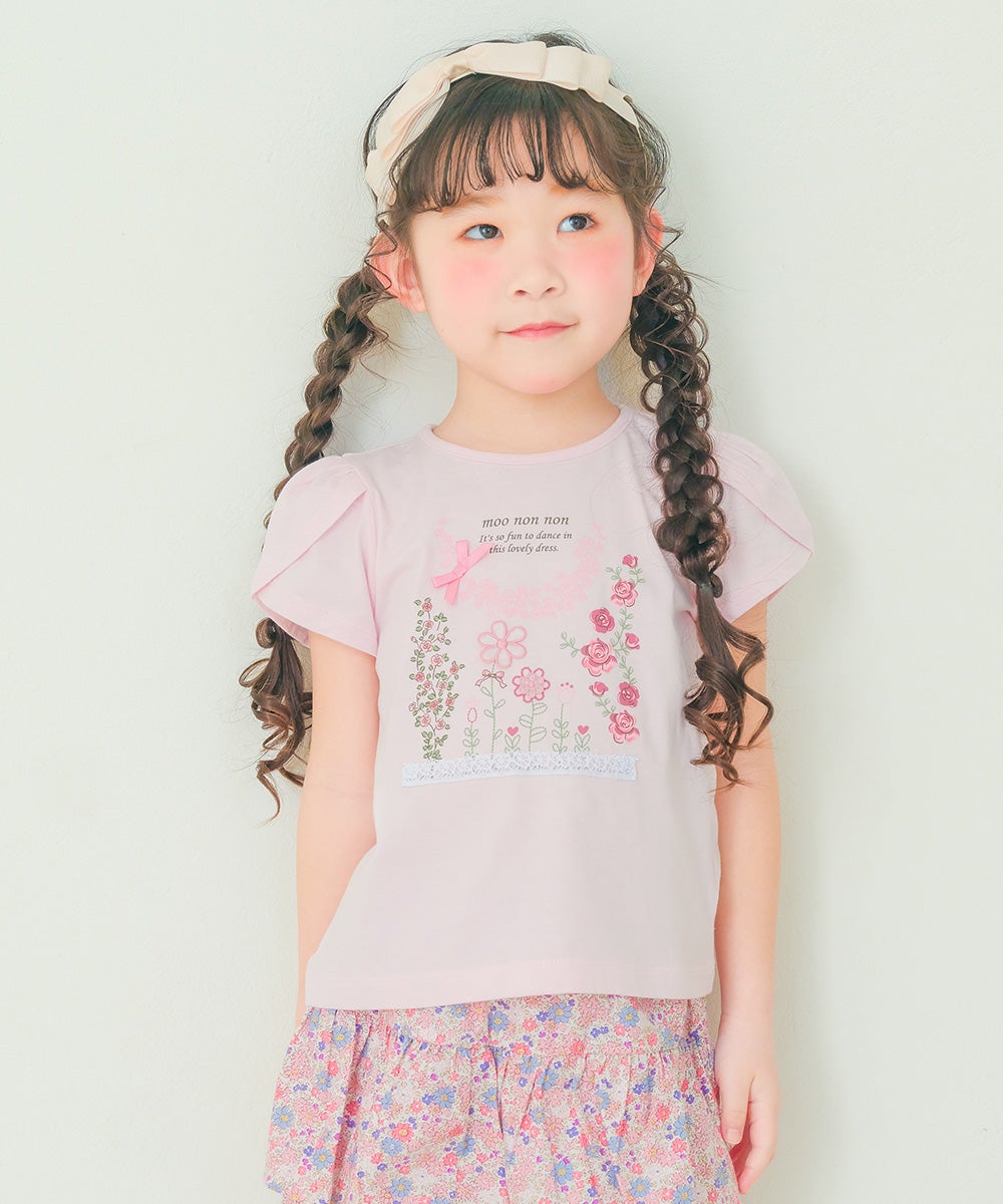 ベビー服 女の子 綿100％ お花 プリント チューリップ袖 Tシャツ ピンク(02) 