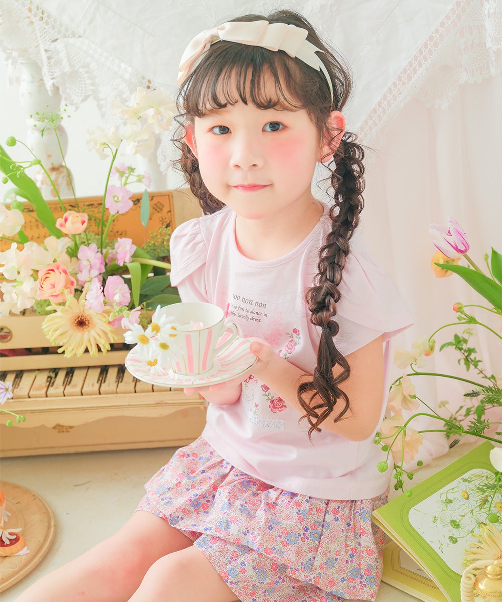 ベビー服 女の子 綿100％ お花 プリント チューリップ袖 Tシャツ ピンク(02) 