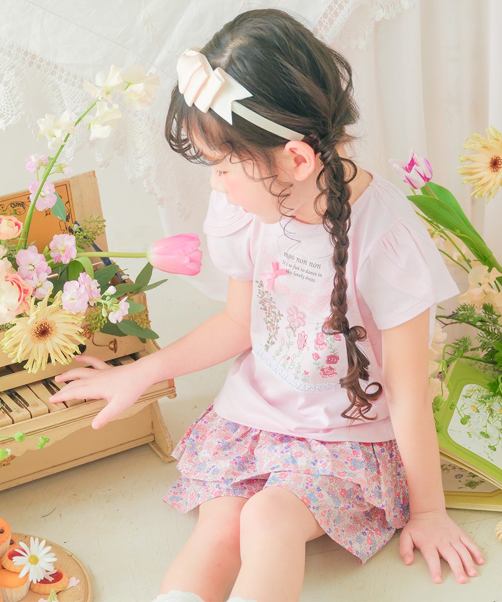 ベビー服 女の子 綿100％ お花 プリント チューリップ袖 Tシャツ ピンク(02) 