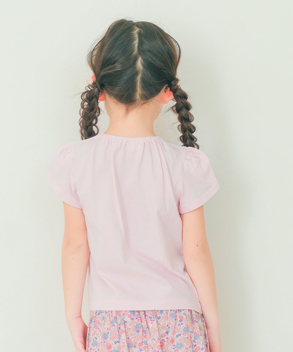 ベビー服 女の子 綿100％ お花 プリント チューリップ袖 Tシャツ ピンク(02) 