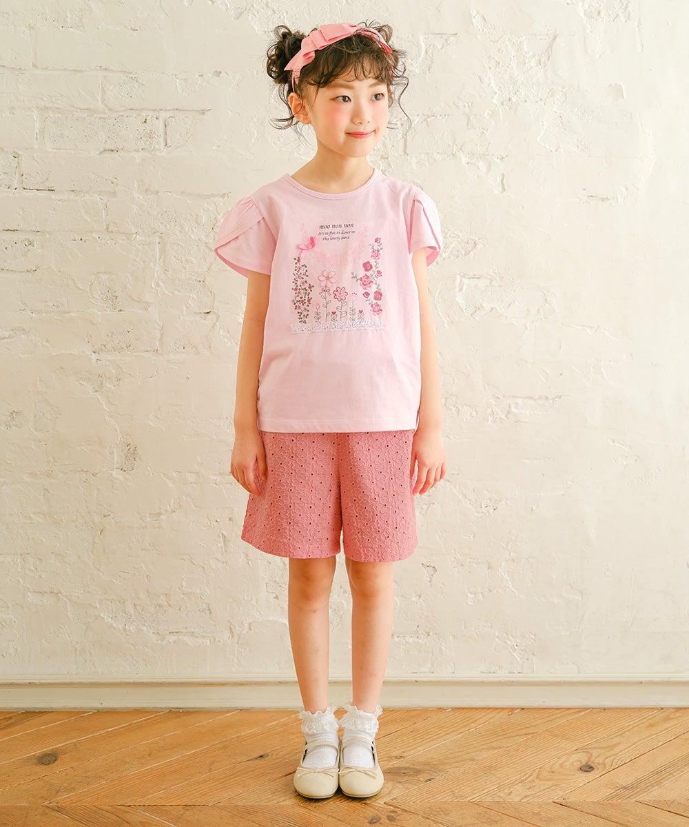ベビー服 女の子 綿100％ お花 プリント チューリップ袖 Tシャツ ピンク(02) 