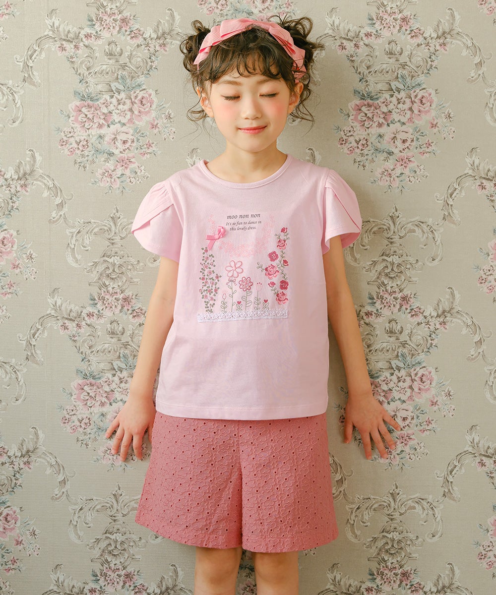 ベビー服 女の子 綿100％ お花 プリント チューリップ袖 Tシャツ ピンク(02) 