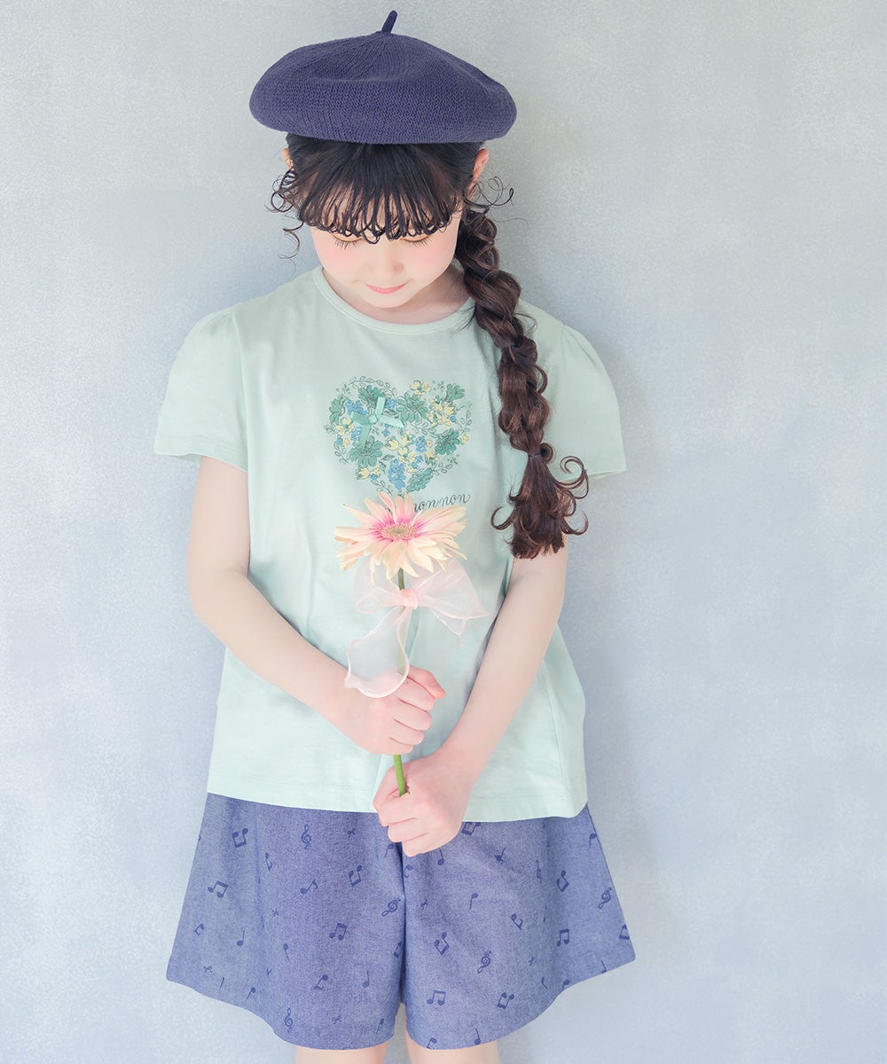 ベビー服 女の子 綿100％ ハート 花柄 Tシャツ グリーン(08) 