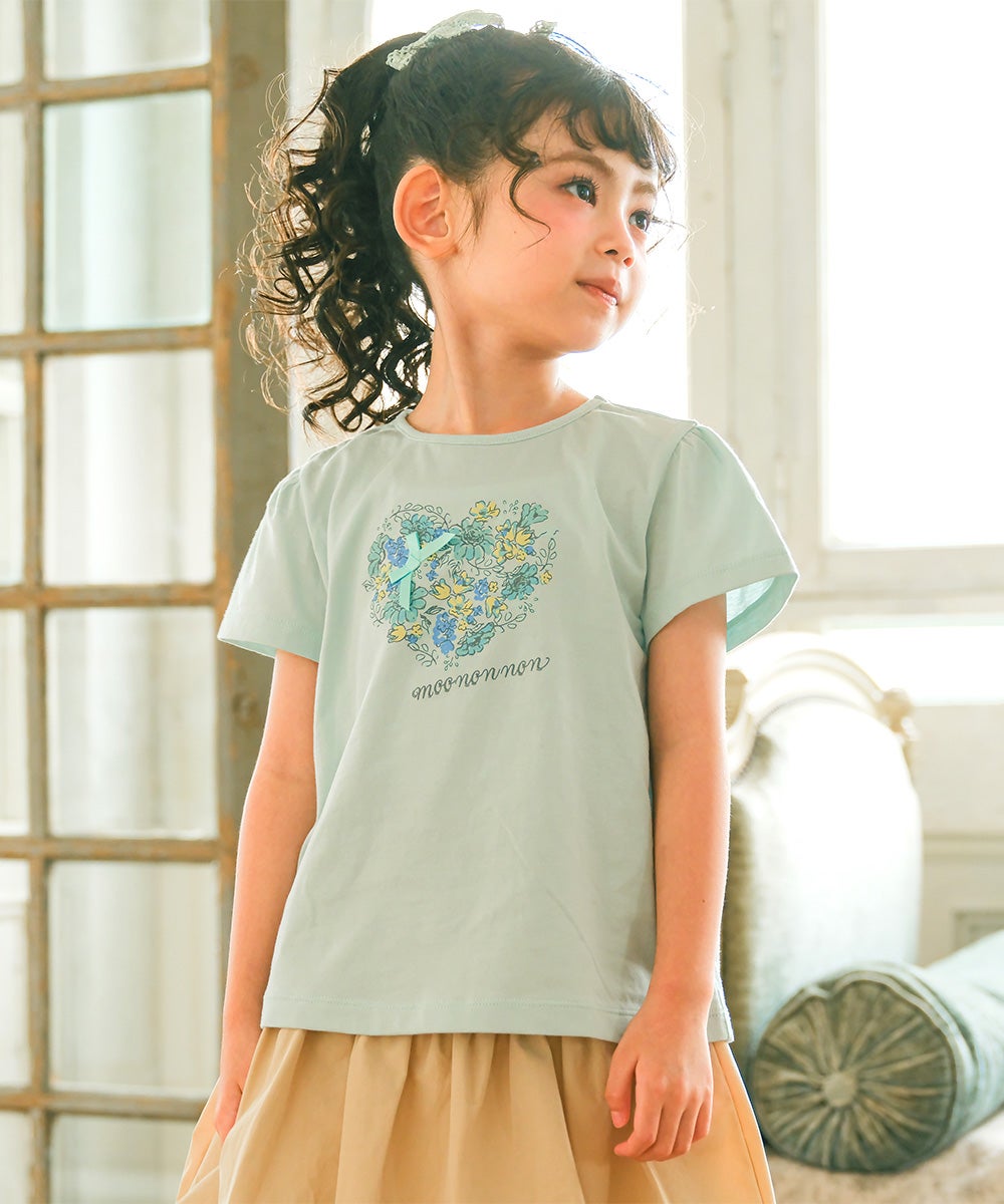 ベビー服 女の子 綿100％ ハート 花柄 Tシャツ グリーン(08) 
