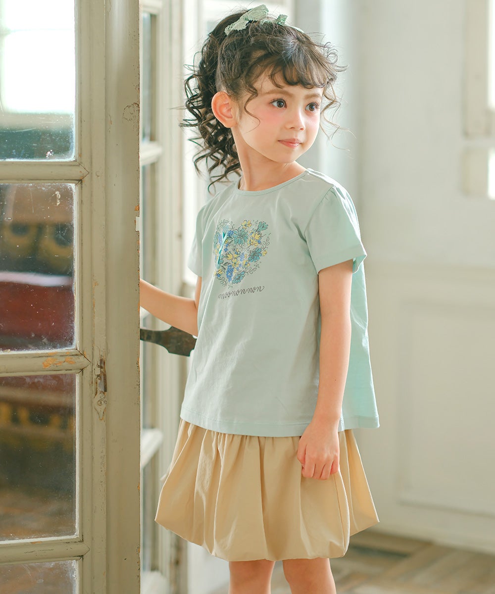 ベビー服 女の子 綿100％ ハート 花柄 Tシャツ グリーン(08) 