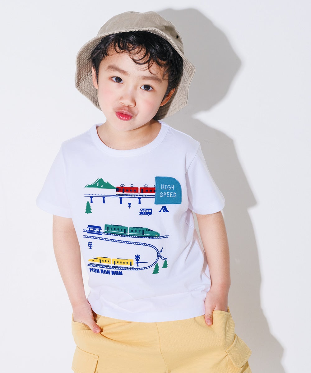 ベビー服 男の子 子ども服 こども キッズ 綿100％ コットン 電車 ワッペン ティーシャツ カットソー 半そで オフホワイト(11) モデル画像アップ
