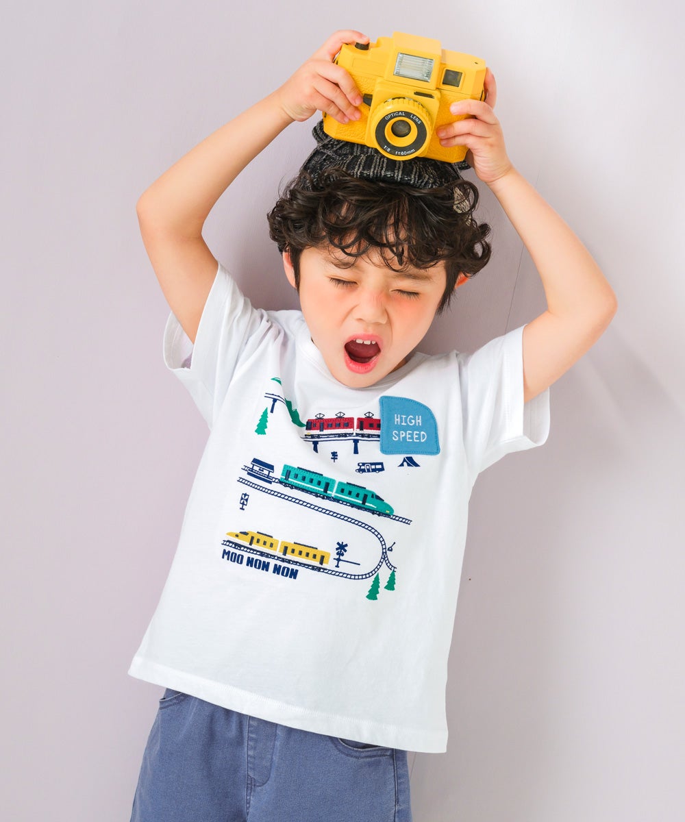 ベビー服 男の子 子ども服 こども キッズ 綿100％ コットン 電車 ワッペン ティーシャツ カットソー 半そで オフホワイト(11) モデル画像1